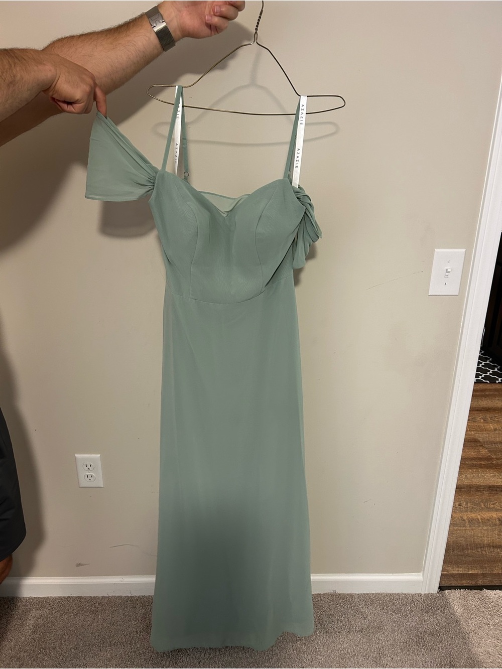 Azazie Sage Green Off-Shoulder Maxi Dress